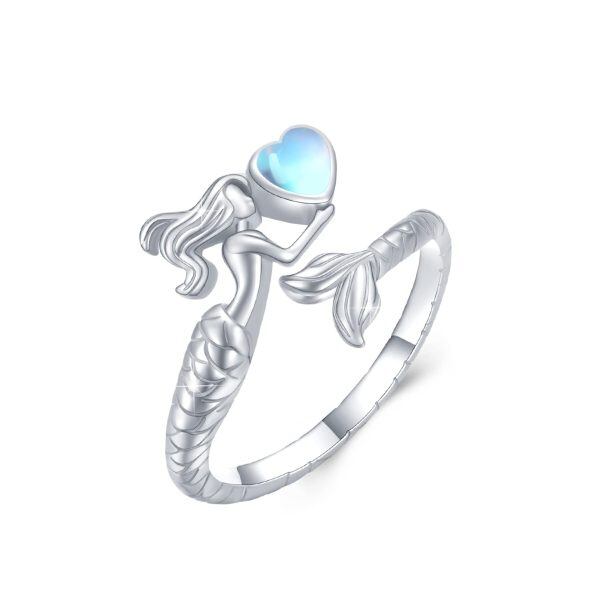 Sterling Silver Moonstone Mermaid Adjustable Open Ring-0