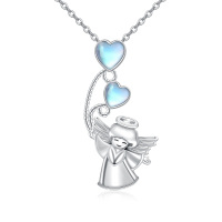 wholesale 925 Sterling Silver Heart & Angel Moonstone Pendant Necklace s for Women- Rhodium Plated