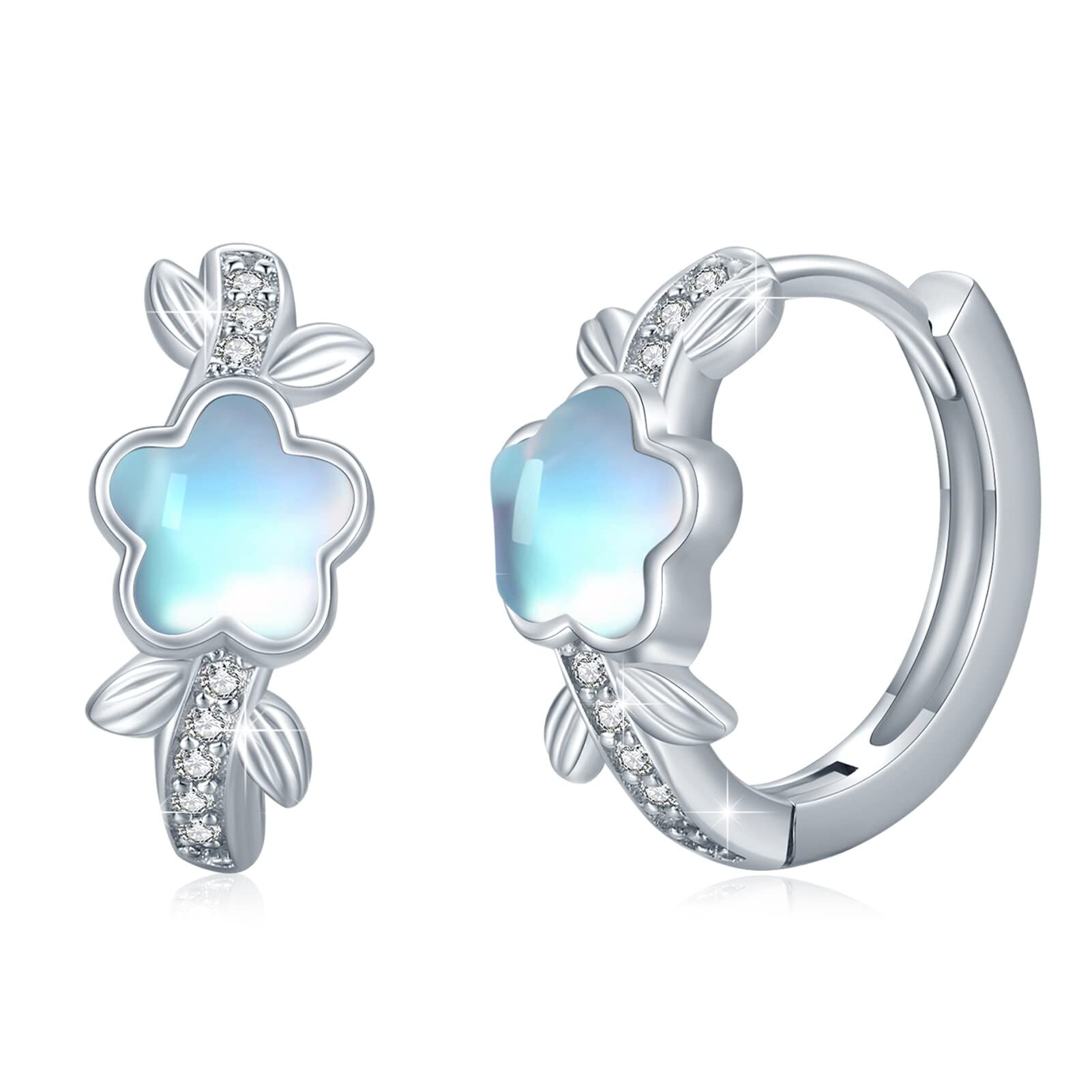 Sterling Silver Flower Moonstone Hoop Earrings for Women Hypoallergenic Small Earrings for Girls - Rhodium Plated- Rhodium Plated