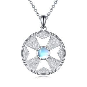 Sterling Silver Round Cross Pendant Necklace with Moonstone-0