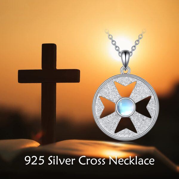 Sterling Silver Round Cross Pendant Necklace with Moonstone-5