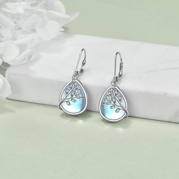 Sterling Silver Tree of Life Moonstone Dangle Earrings-3