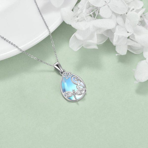 Sterling Silver Hollow Butterfly Moonstone Pendant Necklace-4