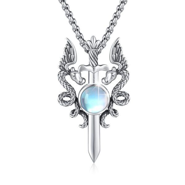 Sterling Silver Sword Dragon Moonstone Pendant Necklace with Stainless Steel Chain-0