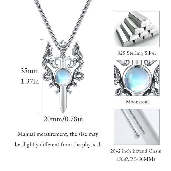 Sterling Silver Sword Dragon Moonstone Pendant Necklace with Stainless Steel Chain-1