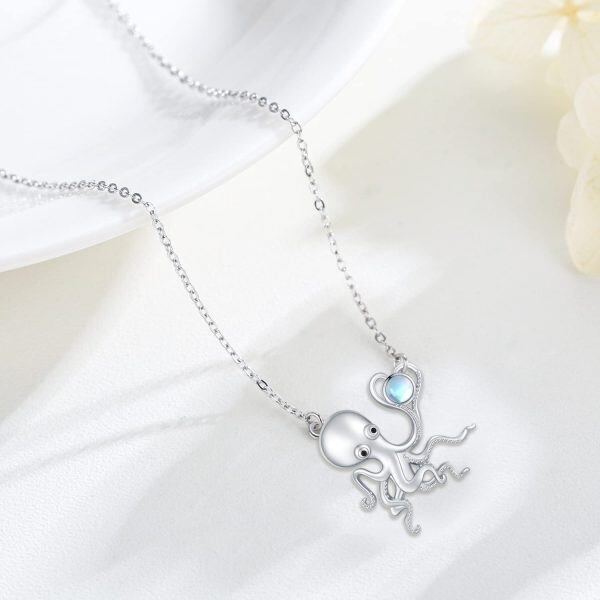 Sterling Silver Octopus Moonstone Pendant Necklace-5