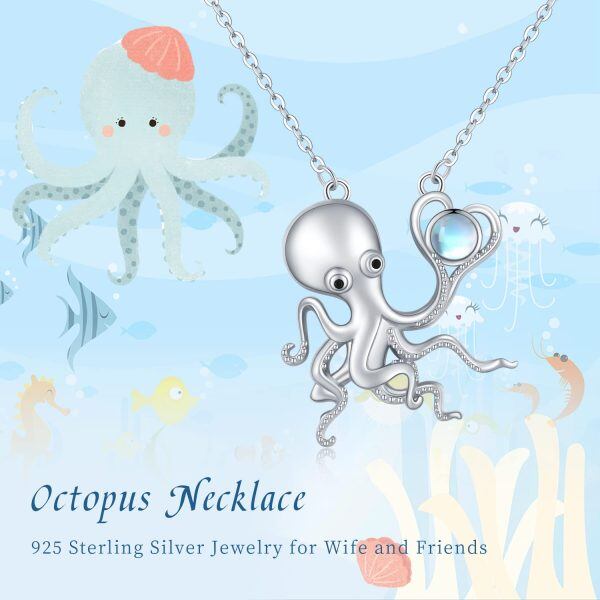 Sterling Silver Octopus Moonstone Pendant Necklace-6