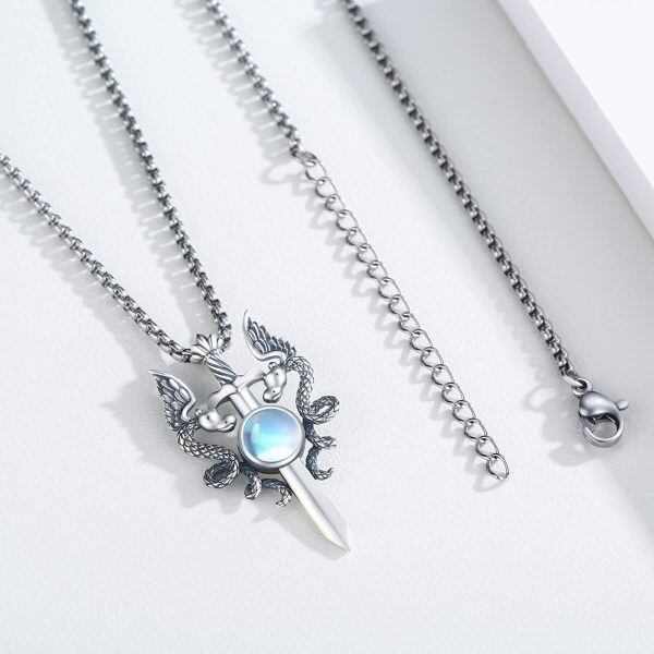 Sterling Silver Sword Dragon Moonstone Pendant Necklace with Stainless Steel Chain-4