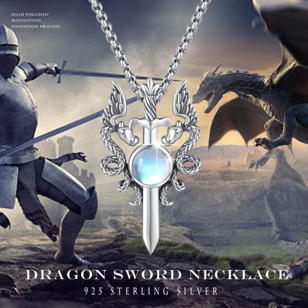 Sterling Silver Sword Dragon Moonstone Pendant Necklace with Stainless Steel Chain-5