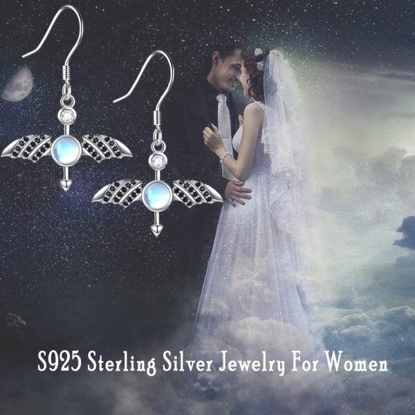 Sterling Silver Bat Moonstone Dangle Earrings-5