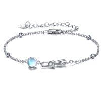 wholesale 925 Sterling Silver & Blue Moonstone Cat Charm Bracelet with Adjustable Chain - Elegant  for Her- Rhodium Plated