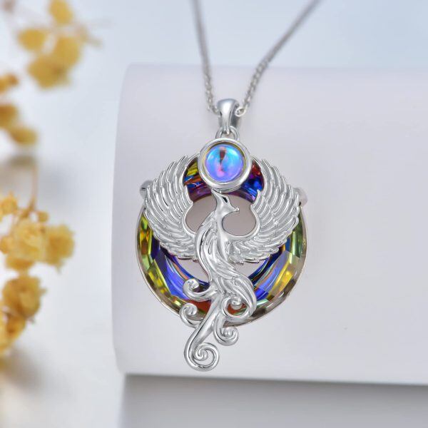 Sterling Silver Phoenix Pendant Necklace with Moonstone & Crystal-3