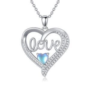 Sterling Silver Love Heart Pendant Necklace with Moonstone-0