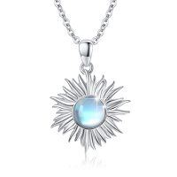 wholesale 925 Sterling Silver Blue Moonstone Star Burst Pendant Necklace for Women Girl's Gifts- Rhodium Plated