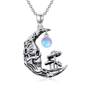 Sterling Silver Skull Moon Mushroom Pendant Necklace with Moonstone-0