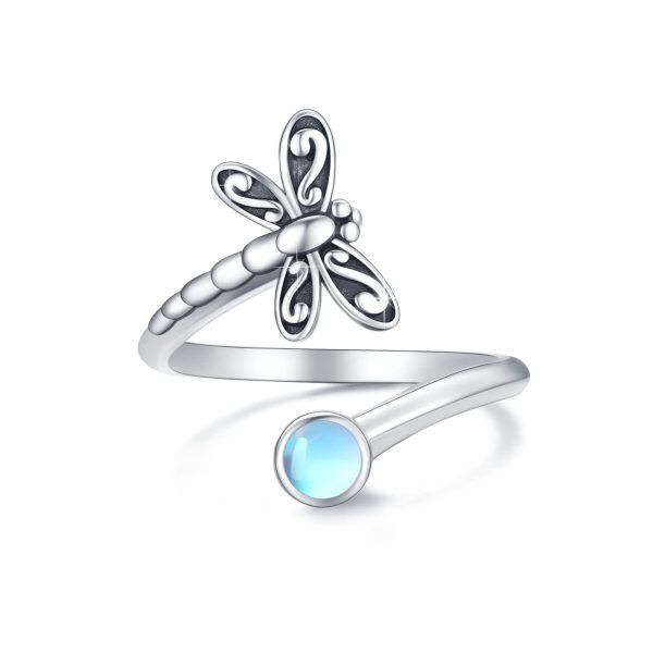 Sterling Silver Moonstone Dragonfly Adjustable Open Ring-0