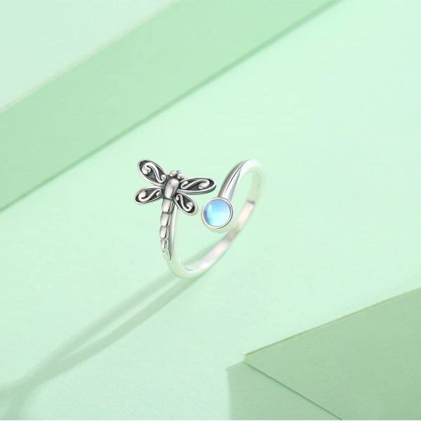 Sterling Silver Moonstone Dragonfly Adjustable Open Ring-3