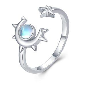 Sterling Silver Moonstone Moon Star Adjustable Ring-0