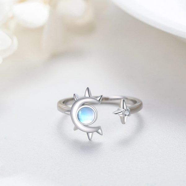 Sterling Silver Moonstone Moon Star Adjustable Ring-4