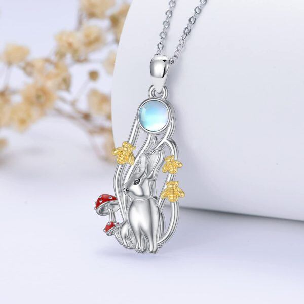 Sterling Silver Rabbit Mushroom Pendant Necklace with Moonstone-3