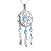 wholesale 925 Sterling Silver Blue Moonstone Dreamcatcher Feather Pendant Necklaces for Women- Rhodium Plated