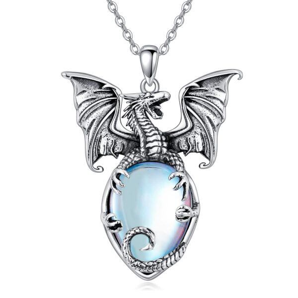 Sterling Silver Viking Dragon Pendant Necklace with Moonstone-0