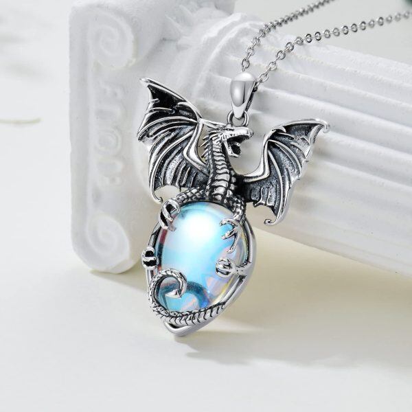 Sterling Silver Viking Dragon Pendant Necklace with Moonstone-3