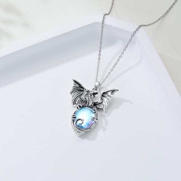 Sterling Silver Viking Dragon Pendant Necklace with Moonstone-4