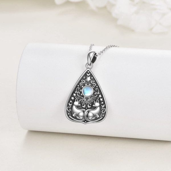 Sterling Silver Oxidized Cat Moonstone Pendant Necklace-3