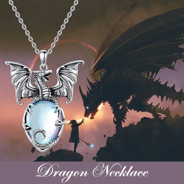 Sterling Silver Viking Dragon Pendant Necklace with Moonstone-5