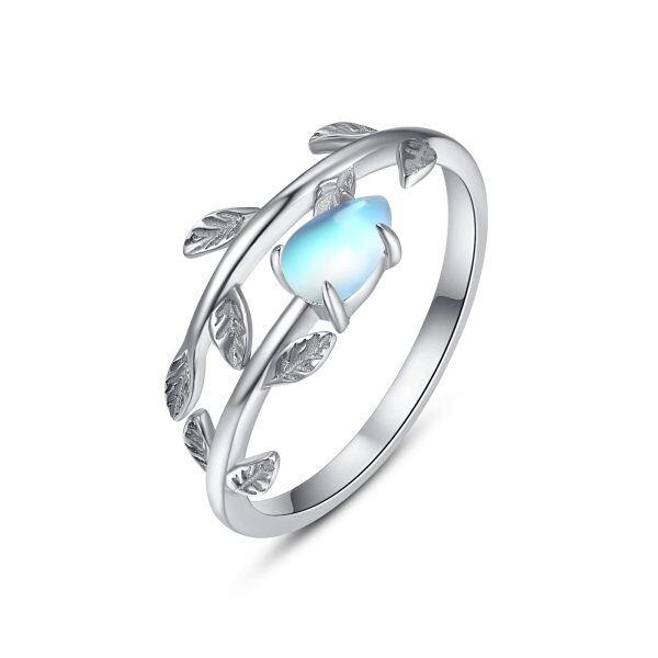 Sterling Silver Moonstone Leaf Adjustable Open Ring-0