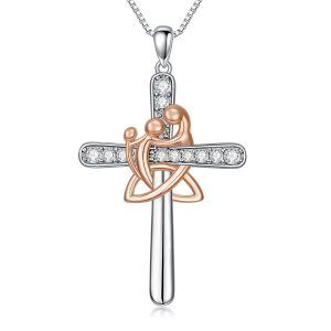 Sterling Silver Mother Child Cross Pendant Necklace-0