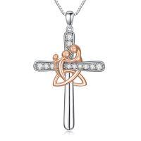 wholesale 925 Sterling Silver Mother and Child Cross Pendant Necklace with Cubic Zirconia - Gift for Mom Grandmother Nana Lover Daughter- Rhodium And Rose Gold Plated