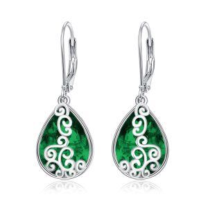 Sterling Silver Filigree Green Crystal Teardrop Drop Earrings with May Birthstone-0