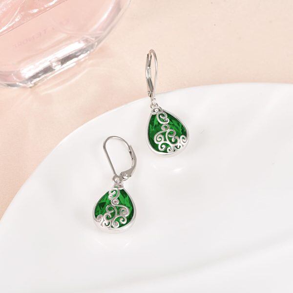 Sterling Silver Filigree Green Crystal Teardrop Drop Earrings with May Birthstone-4