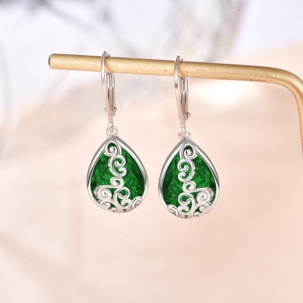 Sterling Silver Filigree Green Crystal Teardrop Drop Earrings with May Birthstone-5