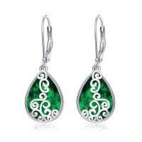 wholesale 925 Sterling Silver Green Emerald Tear Drop Leverback Dangle Earrings for Women- Rhodium Plated