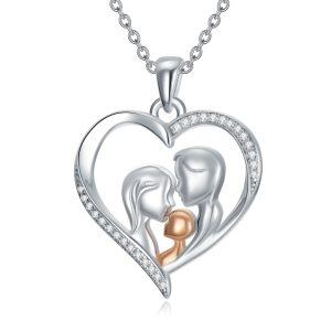 Sterling Silver Family Heart Pendant Necklace with Diamond-0