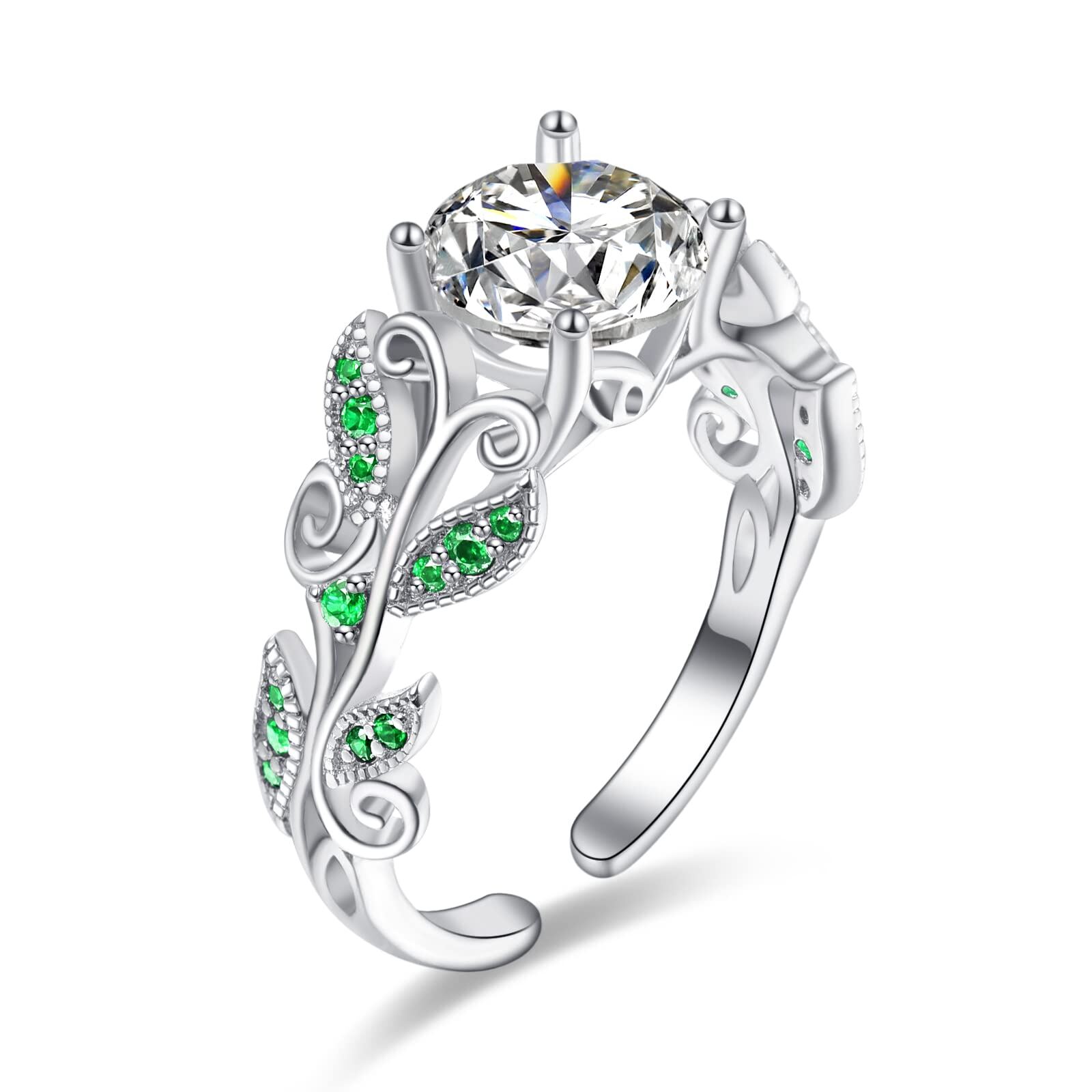Sterling Silver Round Cut Green Zircon Leaf Adjustable Rings - US # 8-0-0