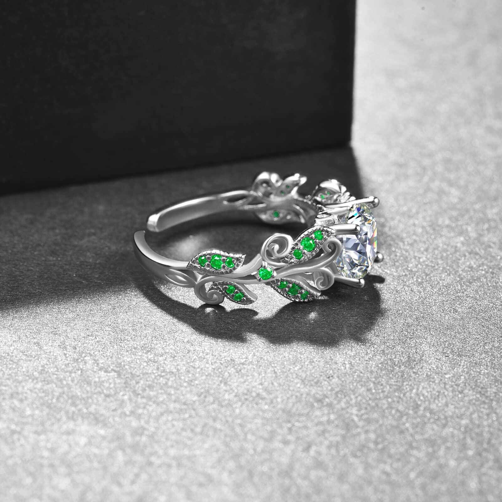 Sterling Silver Round Cut Green Zircon Leaf Adjustable Rings - US # 8-0-5