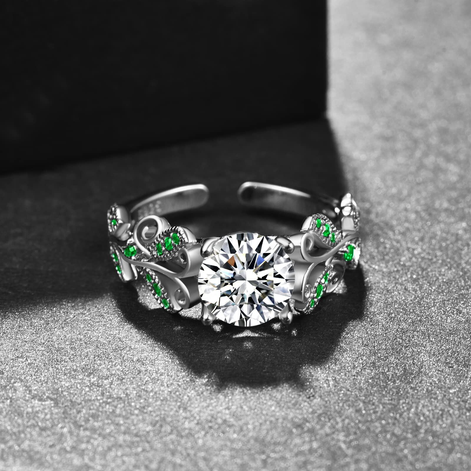 Sterling Silver Round Cut Green Zircon Leaf Adjustable Rings - US # 8-0-6