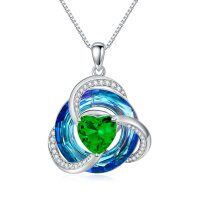 wholesale 925 Sterling Silver Green & Blue Crystal Heart Love Knot Pendant Necklace Gift for Women- Rhodium Plated