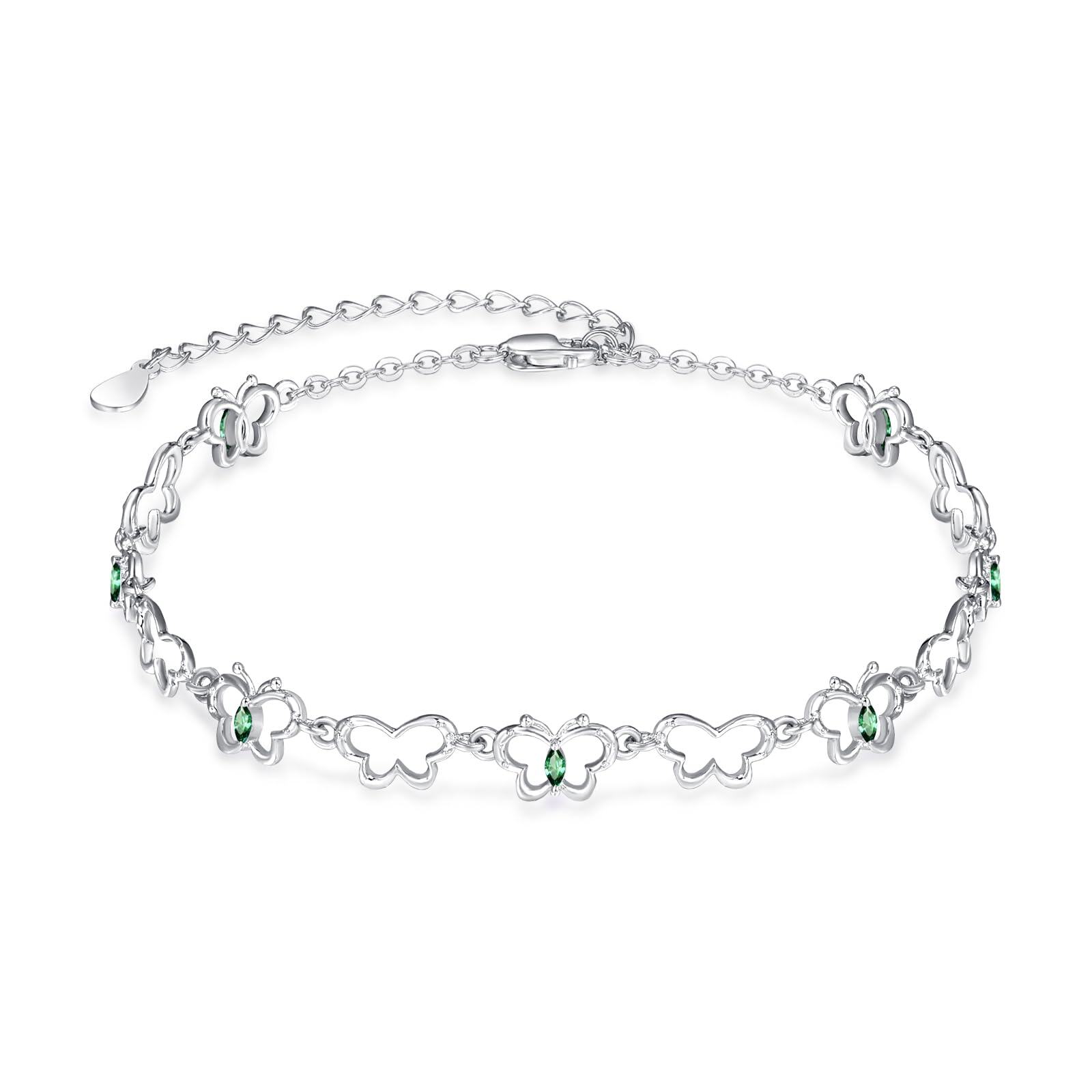 Sterling Silver Hollow Butterfly Chain Bracelets with May Birthstone - Rhodium Plated-0-0