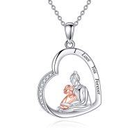 wholesale 925 Sterling Silver Mother and Child Heart-Shaped Rose Gold Plated Pendant Necklace with Cubic Zirconia Stones for Women Girls- Rhodium And Rose Gold Plated