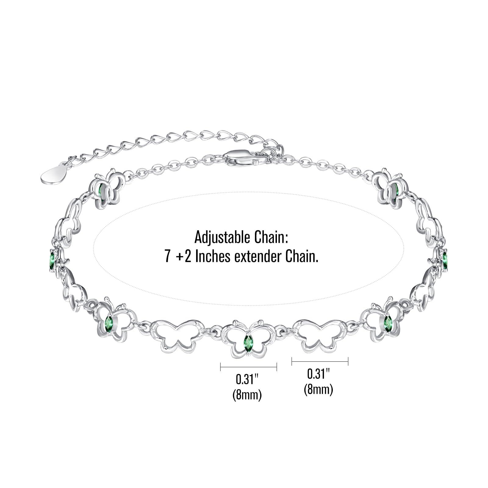 Sterling Silver Hollow Butterfly Chain Bracelets with May Birthstone - Rhodium Plated-0-1