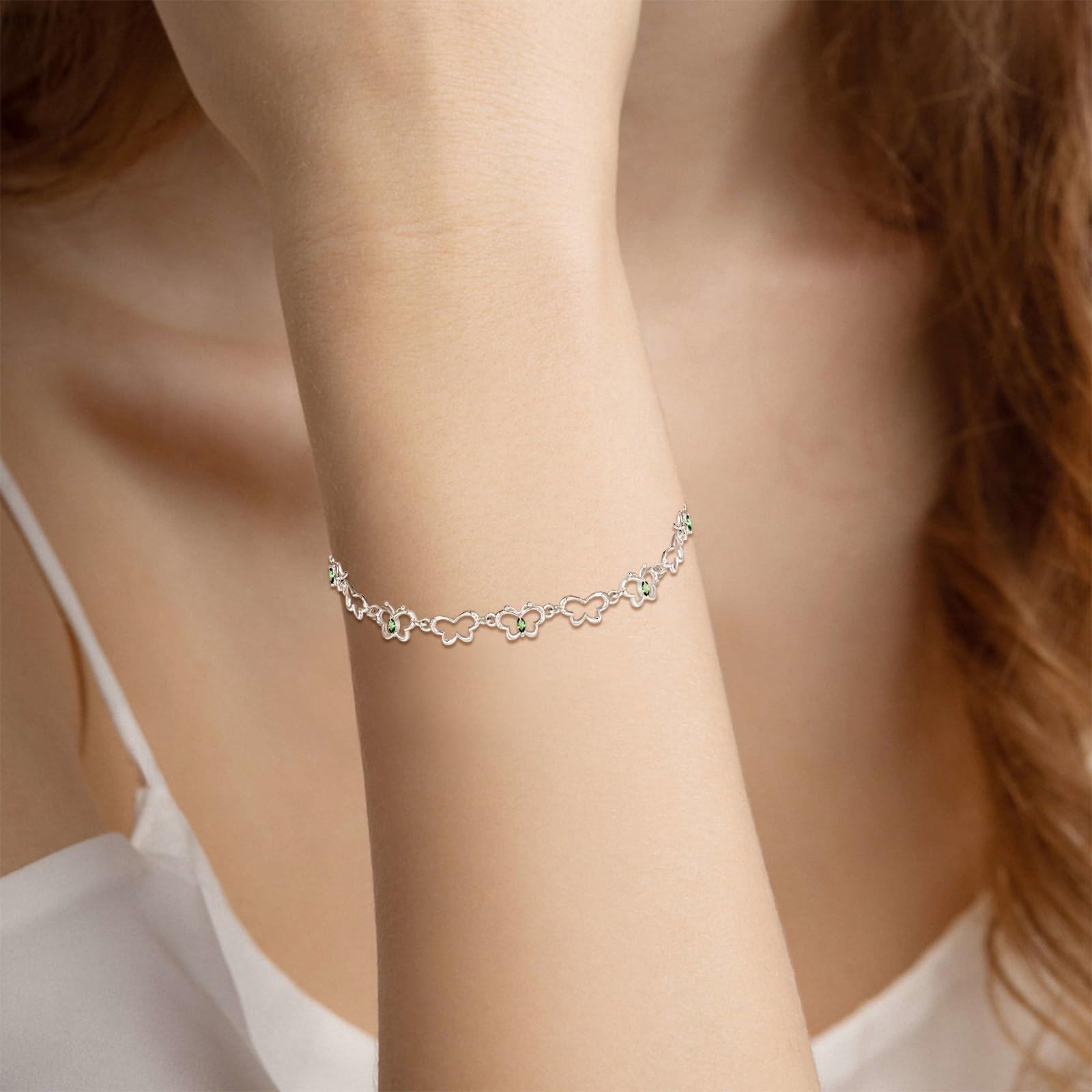 Sterling Silver Hollow Butterfly Chain Bracelets with May Birthstone - Rhodium Plated-0-2