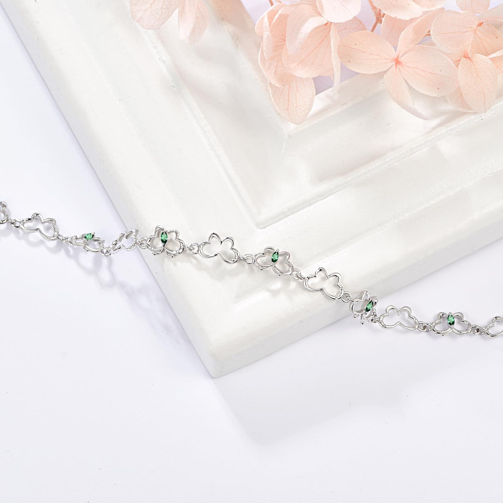 Sterling Silver Hollow Butterfly Chain Bracelets with May Birthstone - Rhodium Plated-0-5