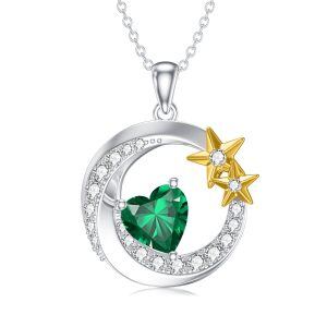 Sterling Silver Moon and Stars Pendant Necklace with May Birthstone-0