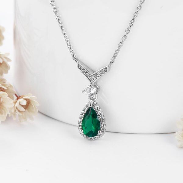 Sterling Silver Emerald Pendant Necklace with May Birthstone-4