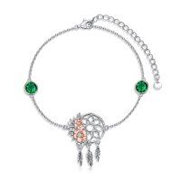 wholesale 925 Sterling Silver 925 with Green Emeralds and Pink Roses Dreamcatcher Charm Bracelet for Women- Rhodium And Rose Gold Plated